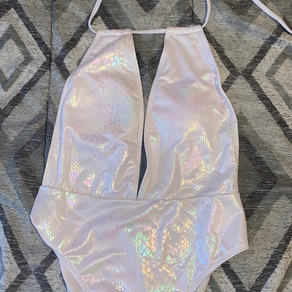 NWOT white fluorescent mermaid style halter one piece bathing suit - Picture 2 of 6
